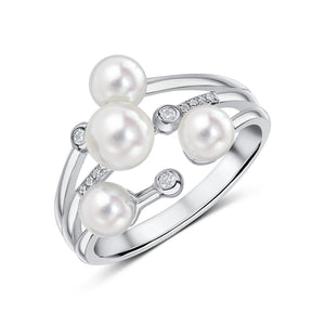 18CT White Gold Freshwater Cultured Pearl & Round Diamond Three Row Band Ring