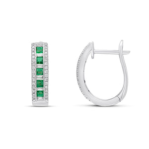 18CT White Gold Square Emerald Baguette & Round Diamond Oval Hoop Earrings