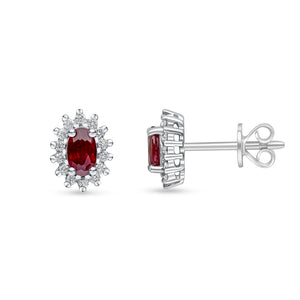 18CT White Gold Oval Ruby & Round Diamond Claw Set Cluster Stud Earrings 5x3mm