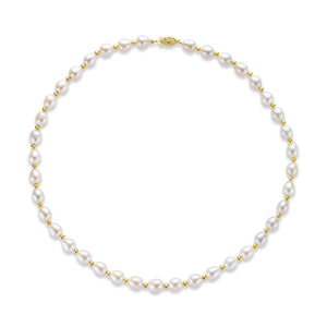 9CT Yellow Gold Bead and 7mm White Oval Pearl Necklace 18"