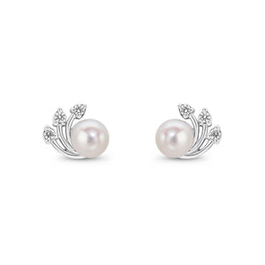 9ct White Gold 5mm Freshwater Pearl and Cubic Zirconia CZ Floral Stud Earrings