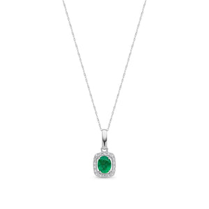 9ct White Gold 5x4mm Oval Emerald and Round Diamond Cushion Cluster Pendant
