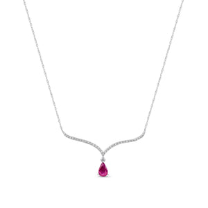 9ct White Gold 6x4mm Pear Shaped Ruby and Round Diamond 35mm Wishbone Necklace