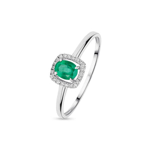 9ct White Gold 5x4mm Oval Emerald and Round Diamond Cluster Ring