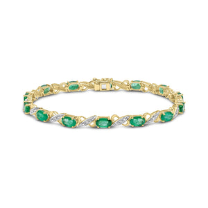 9ct Yellow Gold 18cm Oval Emerald and Diamond Link Bracelet