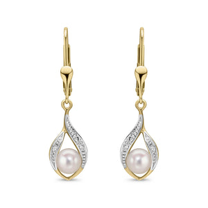 9ct Yellow Gold Freshwater Pearl and Round Diamond Teardrop Drop Earrings