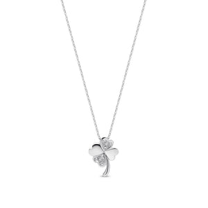 9ct White Gold Round Diamond Four Leaf Clover Pendant