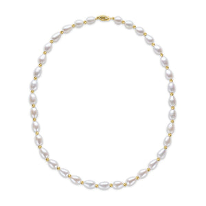 9CT Yellow Gold Bead and 7mm White Oval Pearl Necklace 18"