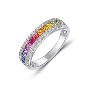 18CT White Gold Square Multi Sapphire & Diamond Half Eternity Ring