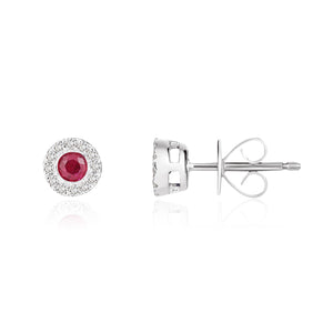 18CT White Gold Round Ruby & Diamond Cluster Earrings 3mm