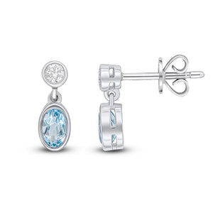 18CT White Gold Oval Aquamarine & Round Diamond Two Stone Earrings 5x3mm