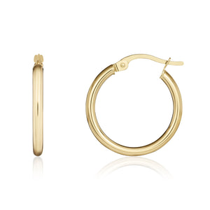 9CT Yellow Gold 2mm Round Hoop Earrings 19mm