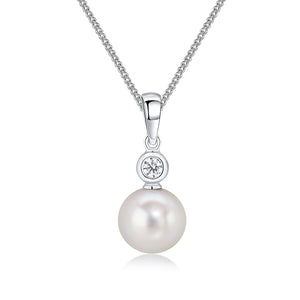 18CT White Gold Pearl & Rubover Diamond Two Stone Pendant 8-8.5mm