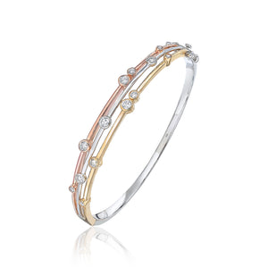 18CT Three Tone Yellow, White & Rose Gold Round Diamond 3 Row Bubble Bangle