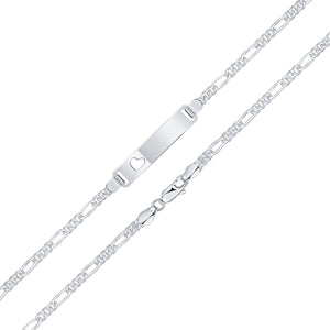 Silver 3.5mm Figaro ID Identification Chain Bracelet with Heart Cutout