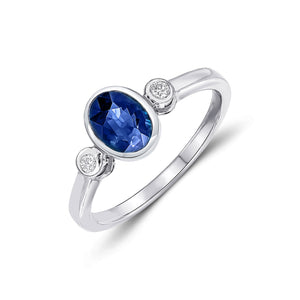 9CT White Gold Oval Sapphire & Diamond Three Stone Rubover Ring