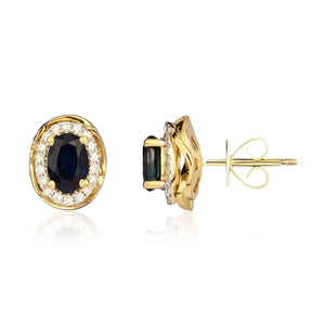 9CT Yellow Gold Oval Sapphire & Diamond Cluster Earrings 6x4mm