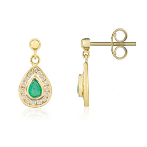 9CT Yellow Gold Pear Shaped Emerald & Diamond Cluster Drop Earrings 4x3mm