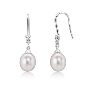 9CT White Gold Diamond & Pearl Hook Knot Earrings