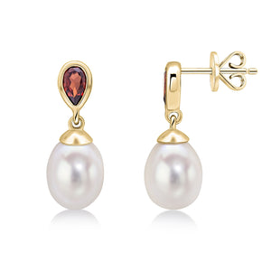 9CT Yellow Gold Pearl & Garnet Drop Earrings