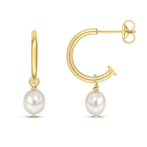 9CT Yellow Gold Polished Half Hoop Earrings with Detachable Pearl Drop
