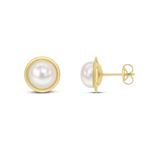 9CT Yellow Gold Flat Polished Border with 7.5mm Button Pearl Stud Earrings