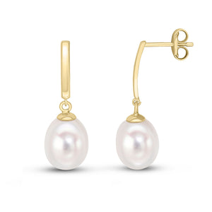 9CT Yellow Gold Polished Curved Bar with Freshwater Pearl Drop Earrings