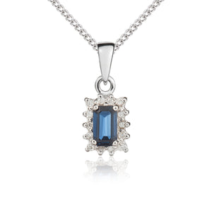 9CT White Gold Octagonal Blue Sapphire & Diamond Cluster Pendant 5x3mm