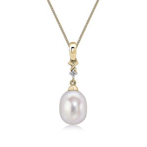 9ct Yellow Gold Pearl & Two Stone Diamond Pendant