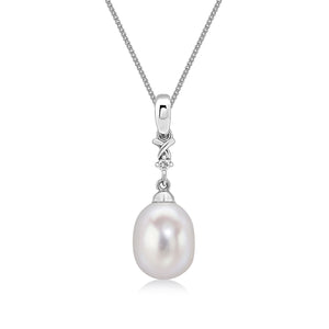 9ct White Gold Cultured Freshwater Pearl & Diamond Two Stone Pendant