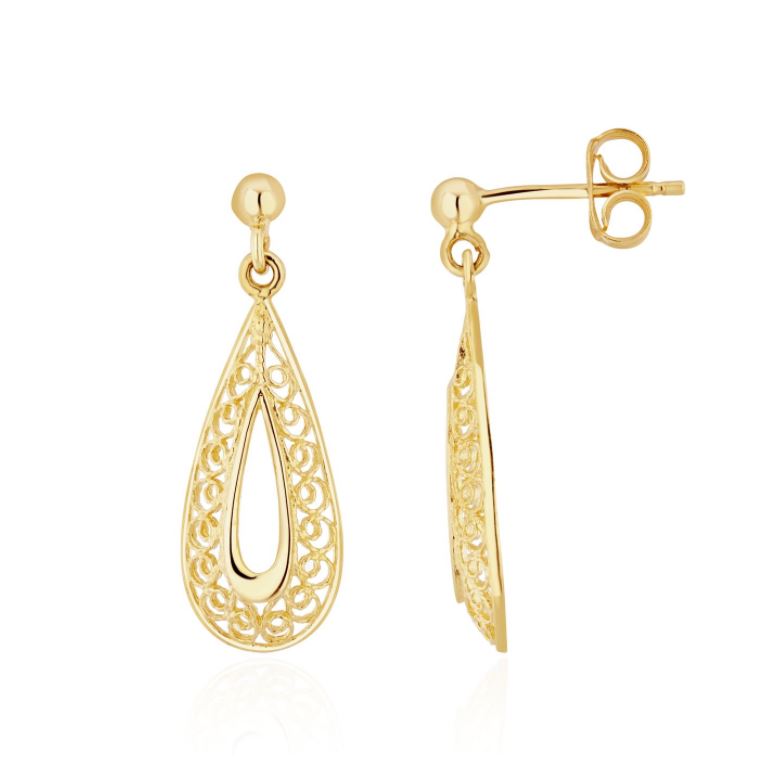 9CT Yellow Gold Pear Shape Filigree Drop Earrings 25x9mm